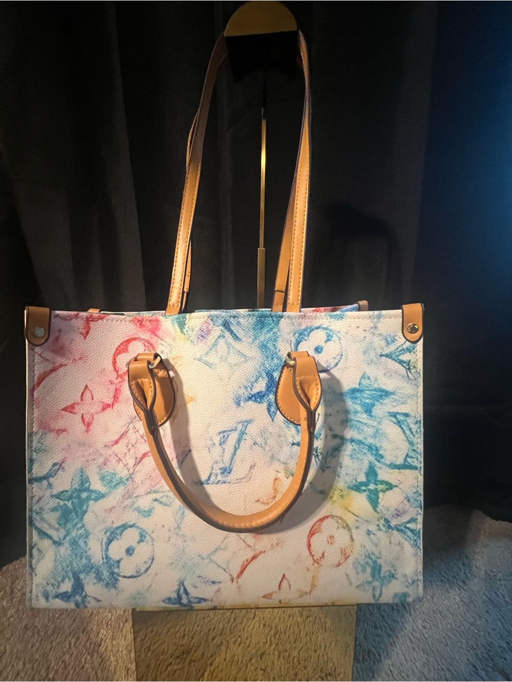 Louis Vuitton Colorful Monogram-Style Canvas Tote with Tan Handles